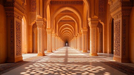 Obraz premium Sunlit corridor with intricate arches and columns
