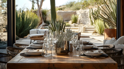 A beautifully arranged dining space with a modern wooden table, stylish chairs, and delicate tableware. Perfect for showcasing fine dining, hospitality, and home styling trends.