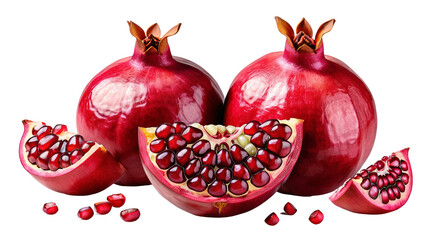 Fresh Pomegranates with Juicy Seeds and Sliced Fruit on White Background