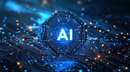 Obraz premium Futuristic Digital Circuit Background with AI Symbol in Blue Glow