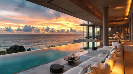 Fototapeta premium Luxury oceanfront villa with infinity pool at sunset offering tranquility