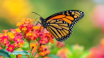Fototapeta premium Monarch butterfly feeding on flowers in vibrant garden setting