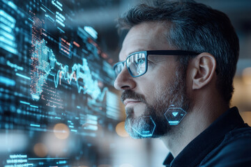 focused professional analyzes digital data trends on futuristic interface, showcasing blend of technology and human insight. atmosphere conveys innovation and analytical thinking