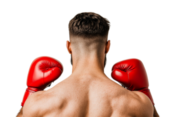 Boxer with red gloves, back view. Athletic body, fit physique, cut out transparent