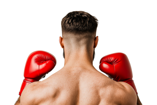 Boxer with red gloves, back view. Athletic body, fit physique, cut out transparent - Powered by Adobe