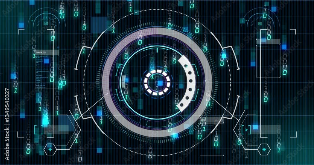 Poster animation of futuristic digital interface with binary code in school setting