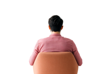Man in red shirt sits in chair, back view, cut out transparent
