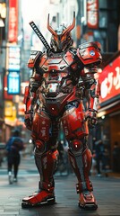 Robot Samurai in a High-Tech City A fusion of traditional samurai armor with futuristic robotic elements, standing in a cyber city.