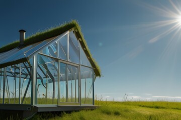 Obraz premium miniature eco friendly house with solar panels and wind turbine, surrounded by lush greenery and serene pond, radiates tranquility