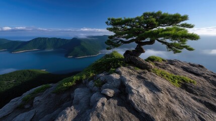 Obraz premium Majestic bonsai pine atop a rocky summit overlooking a tranquil lake and misty mountains