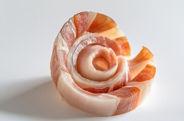Beautifully Arranged Slice of Meat Formed into a Spiral Shape on a White Background for Culinary Photography and Restaurant Presentation