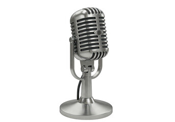 A vintage silver microphone with a ribbed metal grille and a sturdy round base isolated on transparent background