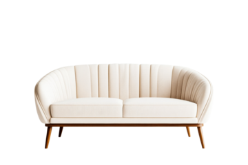 Luxurious off-white two-seater sofa with wooden legs, cut out transparent