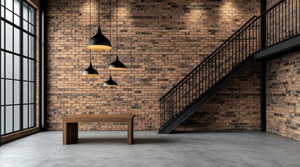 Modern Industrial Interior with Wood Table and Metal Light Fixtures