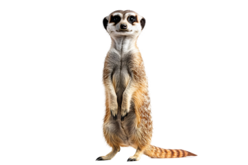 A vigilant meerkat standing upright with detailed fur and an alert gaze