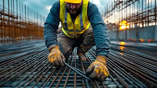 Construction worker tying rebar on a building site at sunset
