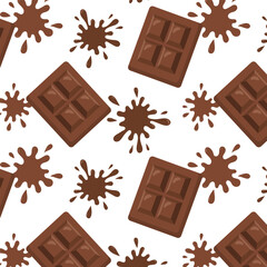 Seamless vector illustration featuring chocolate bars and splashes against a white background. The playful pattern showcases the rich texture of chocolate in a fun arrangement.