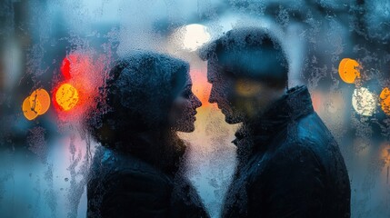 Naklejka premium Couple’s reflection merging new standards city rain photo intimate environment close-up viewpoint love concept