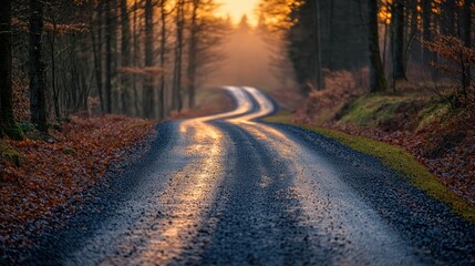 Obraz premium Winding forest road at sunrise, misty woods, scenic, tranquil