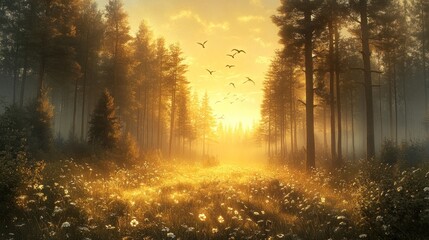 Golden Hour Forest: A Serene Sunrise in a Misty Pinewood