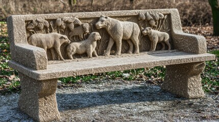 Park bench with carved animals, peaceful scene, woodland background