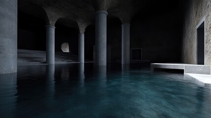 Fototapeta premium Ancient subterranean stone cistern with columns and arches reflecting in still dark water.