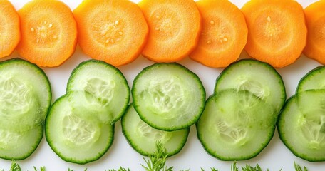 Colorful Arrangement of Fresh Vegetable Slices Including Carrot and Cucumber on a White Background for Healthy Food Concepts and Recipes