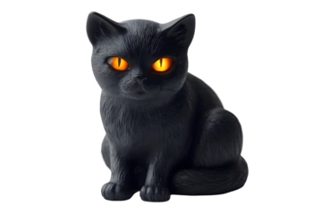 An eerie black cat figurine with glowing eyes and an arched back