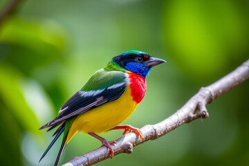 Vibrant Gouldian Finch Perched on a Tree Branch, Showcasing Its Brilliant Colors and Delicate Plumage in a Serene Natural Setting