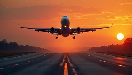 Fototapeta premium Airplane takes off during sunset. Aircraft rising into the sky. Flight to journey. Travel concept. Aerial shot of airplane flying on runway with sun. Scenic view of plane on flight at sunset.