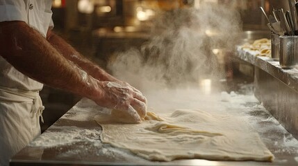 Chef kneading dough in a professional kitchen.