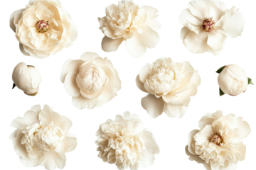 Creamy white peonies, isolated flowers, floral design element, cut out transparent