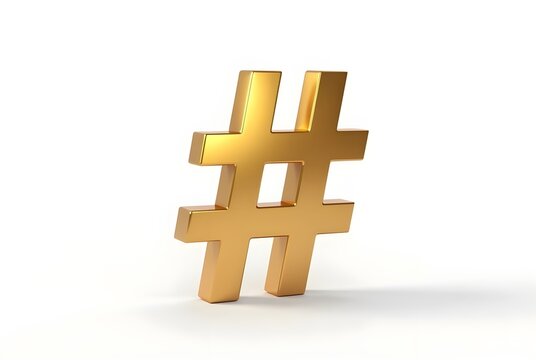 A 3Drendered golden hashtag symbol stands on a white background. Its metallic texture and bold design make it visually appealing. The image is clean and minimalist. 