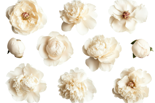 Creamy white peonies, isolated flowers, floral design element, cut out transparent