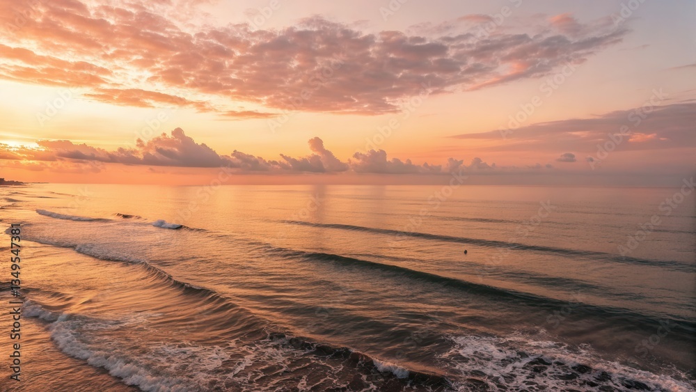 Poster serene sunset over calm ocean waves with colorful clouds.