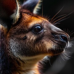 Macro wildlife photography of Lumholtzs tree kangaroos face intricate details of fur whiskers eyes taken a high resolution 100mm macro lens soft natural lighting shallow depth of field ultra HD detail