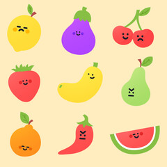 Cute cartoon vegetables and fruits. apple, raspberry, strawberry, watermelon, peach, orange, pear, cherry and lemon. Cartoon fruit character set.