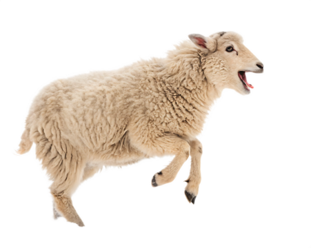 A sheep with its mouth open isolated on a white background jumping up