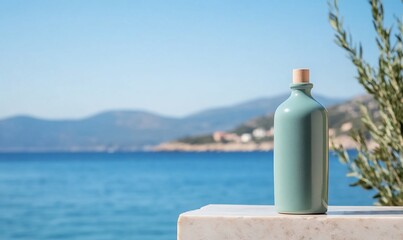 Coastal, teal-colored bottle on a marble surface, ocean view