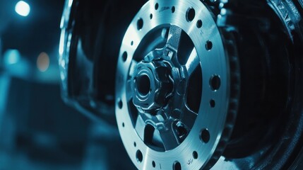 Obraz premium Close-up of a Motorcycle Disc Brake Rotor, showcasing intricate details and mechanical precision. A captivating image of automotive engineering.