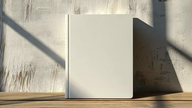Hardcover book with a blank cover standing upright on a clean wooden table