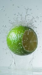 Falling limes on white background – concept of freshness, vitamins, and healthy lifestyle.

