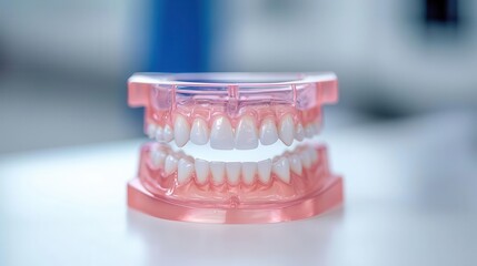 Smart sensor dental tray for bite analysis, dentist demonstrating, modern, sterile room