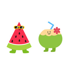 Funny fruits Hello Summer, Set of summer cards, vector illustration. Sunglasses and Tropical fruits. watermelon slice in glasses. blink coconut cartoon