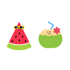 Funny fruits Hello Summer, Set of summer cards, vector illustration. Sunglasses and Tropical fruits. watermelon slice in glasses. blink coconut cartoon