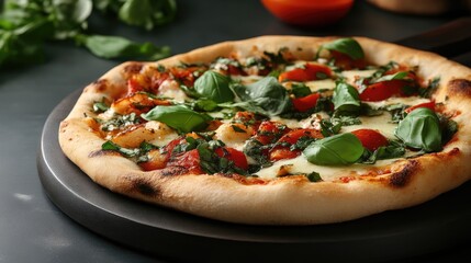Delicious, freshly baked pizza with mozzarella cheese, cherry tomatoes, basil, and chicken.  A crispy crust