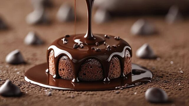 Cake with sauce. A chocolate cake lying on a table. Chocolate poured into a stream of light. A chocolate dessert topped lifestyle with chocolate syrup.