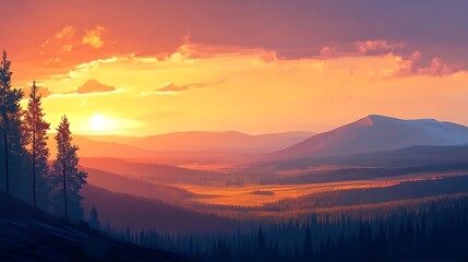 Obraz premium Colorful Mountain Sunset Landscape; Scenic View; Forest and Peaks; Digital Art; Background for Design