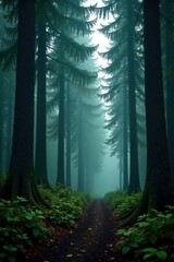 Secluded forest with tall trees and misty atmosphere, nature, forest, trees