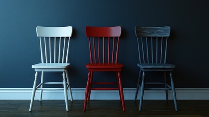 Three colorful wooden chairs stand against a dark blue wall